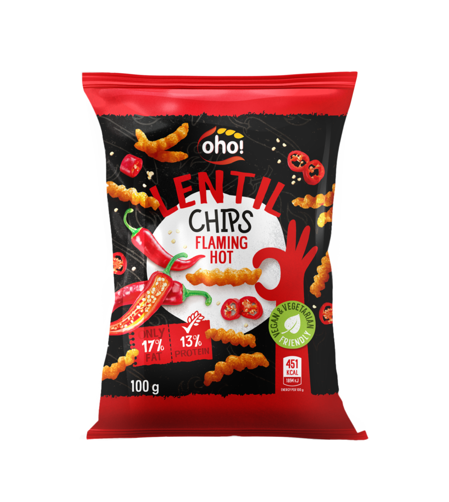 “Flaming hot” taste lentil chips