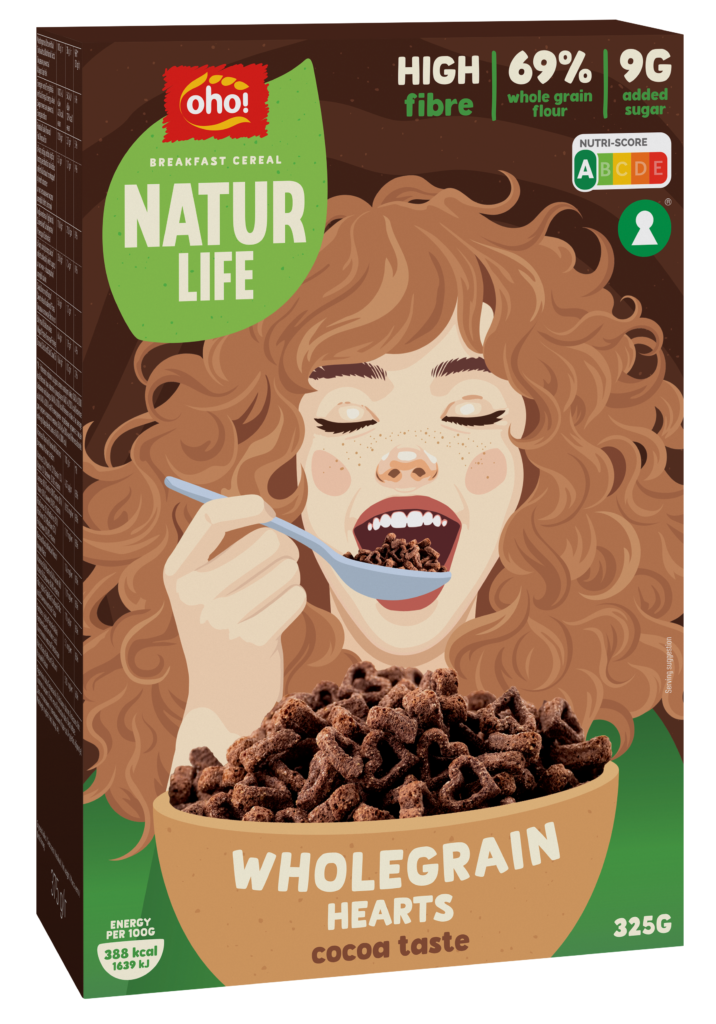Breakfast cereal with whole grain flour “Wholegrain hearts cocoa taste”